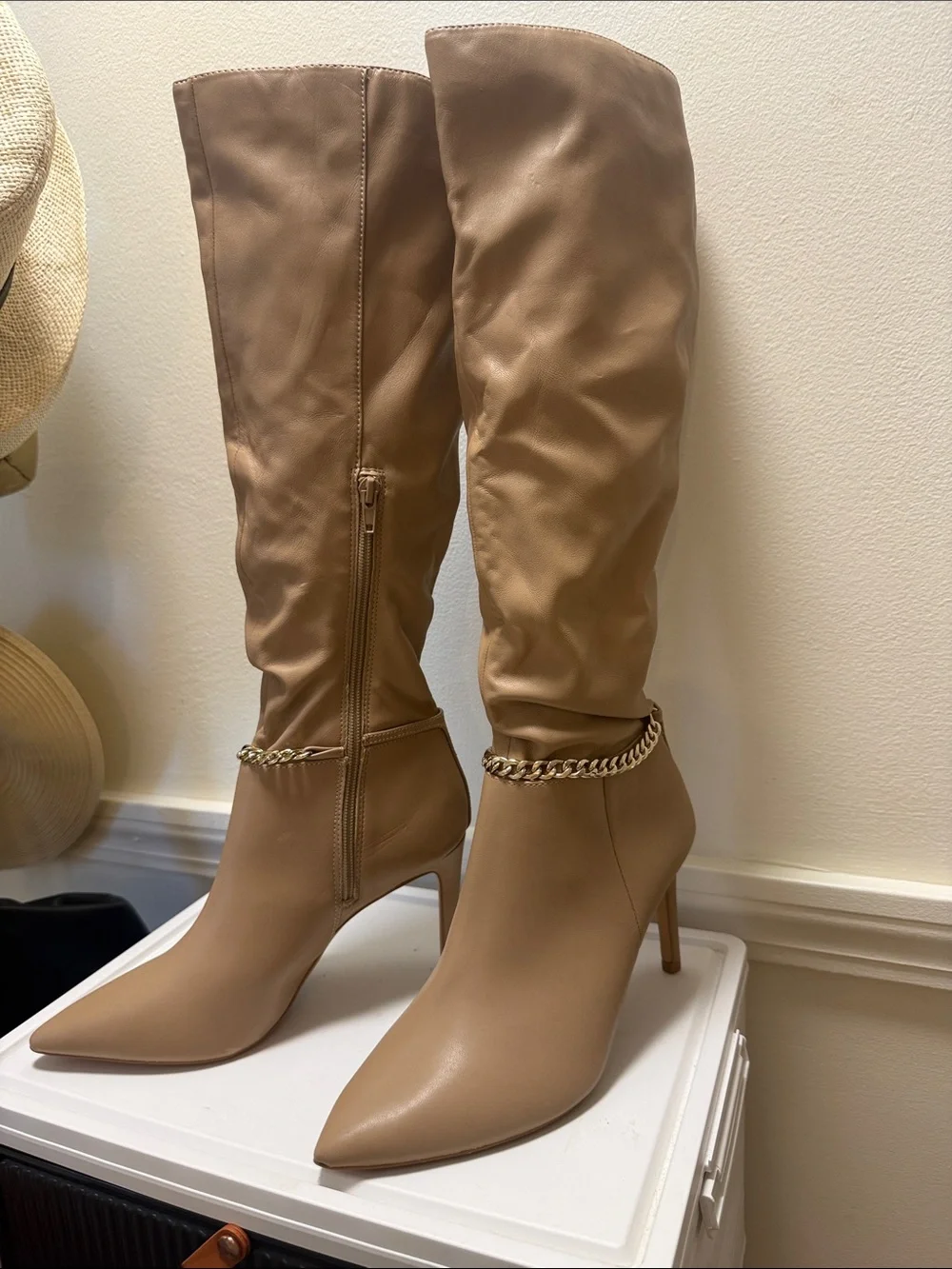 Express Tall Over-the-Knee Boots with Gold Chain Accent in Beige